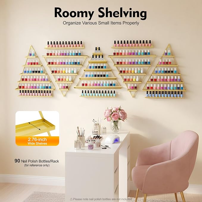 Elegant Wall Mounted Nail Polish Storage Rack Set of 10 Triangular Cosmetic Display Shelves for Essential Oil Bottles, Organize Your Lipsticks and Perfumes in Style at Home or Salon (Gold)