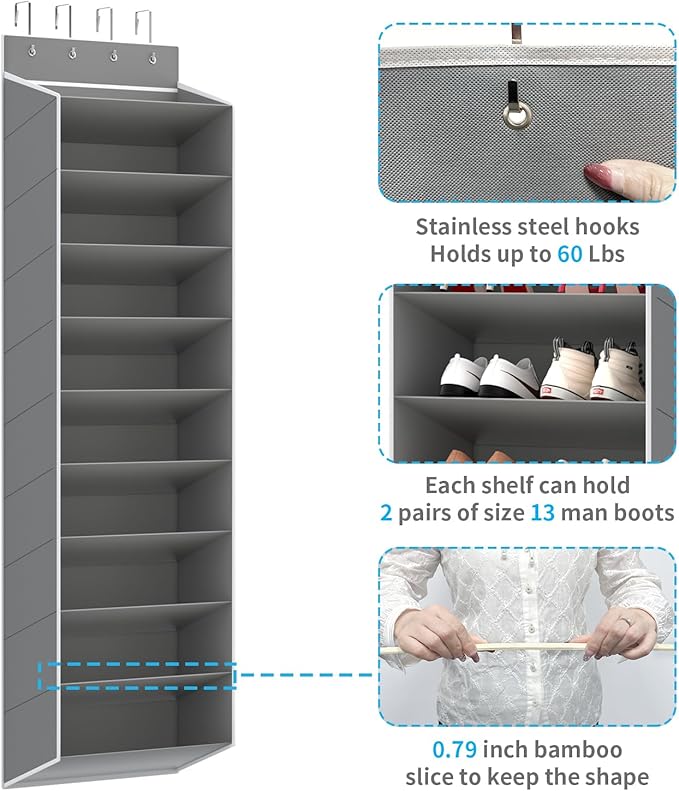 REGELETO 10 Tiers Large Size Over Door Shoe Organizer Storage, Hanging Shoe Rack for Door with Deep Pockets, Fit 20-30 Pairs Shoe Organizer Holder for Sneakers and Boots (Grey)