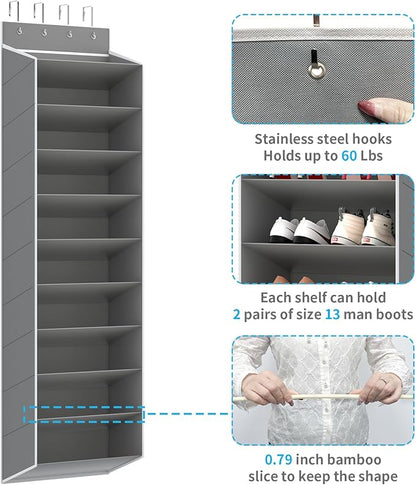 REGELETO 10 Tiers Large Size Over Door Shoe Organizer Storage, Hanging Shoe Rack for Door with Deep Pockets, Fit 20-30 Pairs Shoe Organizer Holder for Sneakers and Boots (Grey)