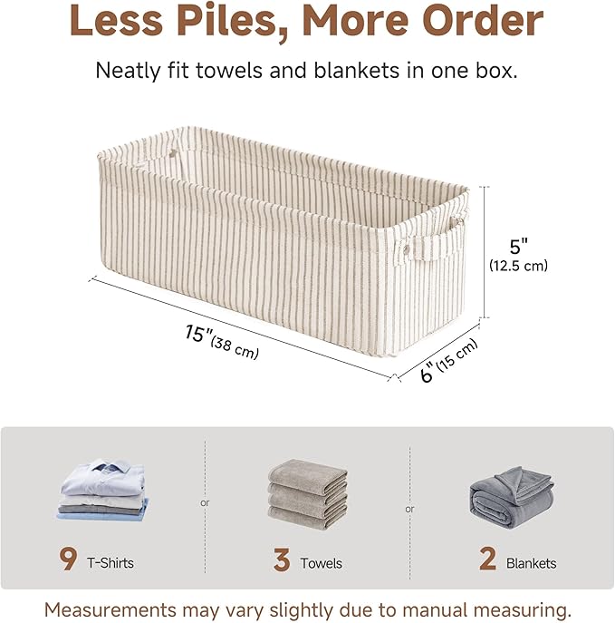 StorageWorks Narrow Storage Bins, Small Basket for Closet and Shelves, Fabric Organizer with Handles, Toilet Paper Storage, Khaki and Beige Stripes, 2-Pack