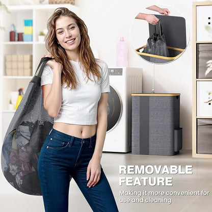 BlissTotes Laundry Basket with Lid, 80L Clothes Laundry Hamper with Handles and Removable Laundry Bag, Breathable Design Hamper with Lid for Bedroom, Bathroom, Dorm, Laundry Room - Light Grey
