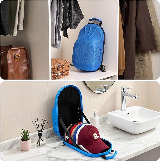 ProCase Hard Hat Travel Case for Baseball Caps, No-Crush Case Holds Up to 7-8 Hats, Adjustable Interior with Shoulder Strap for Travel, Hat Organizer Ball Caps Holder -Blue