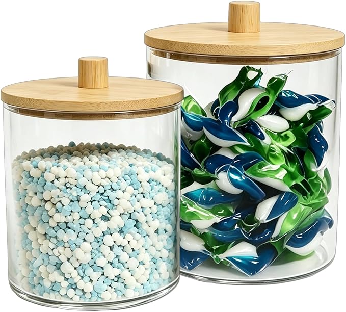 Amolliar Laundry Pods Storage Container, Clear Laundry Room Organization, 2 Pack Large Detergent Container with Bamboo Lids & 27 Labels for Bathroom Organizer (Natural, 0.6+0.4Gal)