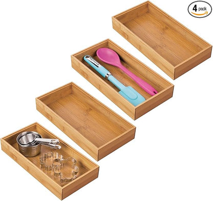 mDesign Wooden Bamboo Drawer Organizer - 12" Long Stackable Storage Box Tray for Kitchen Drawers/Cabinet - Utensil, Silverware, Spatula, and Flatware Holder - Echo Collection - 4 Pack, Natural Wood