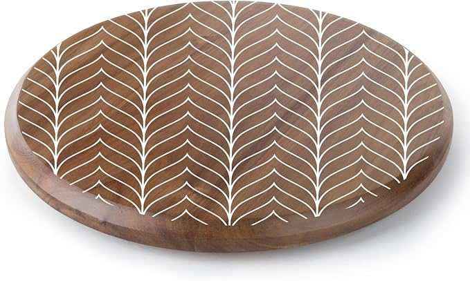 CounterArt Decorative Round Natural Wood Lazy Susan Turntable 14" Diameter Condiment Caddy, Cheese Server, Cake Plate, Spice Organization (White Chevron)