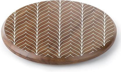 CounterArt Decorative Round Natural Wood Lazy Susan Turntable 14" Diameter Condiment Caddy, Cheese Server, Cake Plate, Spice Organization (White Chevron)