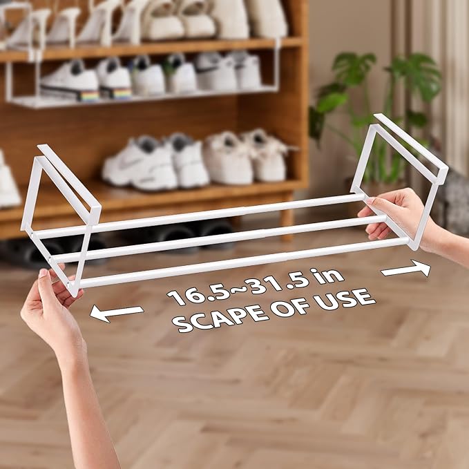Expandable Shoe Rack Organizer, Hanging Shoe Organizer for Closet & Adjustable Under Cabinet Shelf,Shoe Storage Rack Retractable for Kitchen and Clothing Storage (White, 2 Pack)