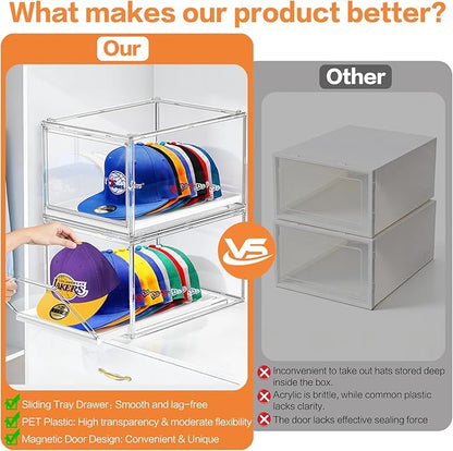 Hat Organizer Box for Baseball Cap, Stackable Hats Storage Container with Sliding Tray Drawer, Large Caps Display Case with Magnetic Door for Closet 16-20 Hats 2Pack Clear
