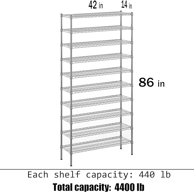 14" Deep x 42" Wide x 86" Height Wire Shelving Kit | 10-Tier | NSF Commercial Storage Rack Unit
