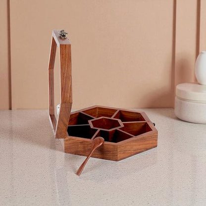 Wooden Spice Box, Masala Container, Condiments Storage Case for Kitchen, Multipurpose Decorative Box - Indian Rosewood Crafted