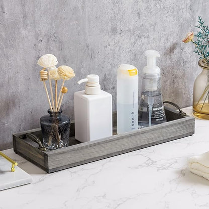 MyGift 16 Inch Vintage Gray Wood Toilet Tank Tray Organizer - Bathroom Vanity Rectangular Storage Tray with Antique Brass Tone Metal Handles
