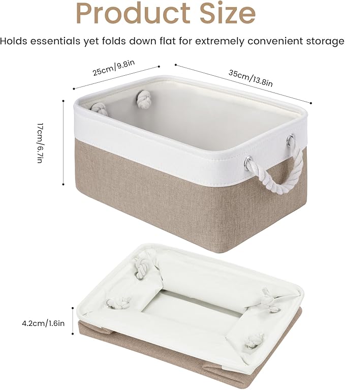 Storage Baskets for Shelves 13.8x9.8x6.7 Inch, Foldable Fabric Storage Bins with Handles, Small Storage Baskets for Organizing Closet, Office, Home Organization (6-Pack, White&Khaki)