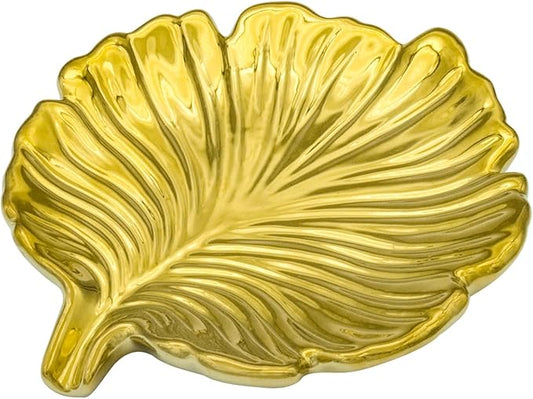 Gold Leaf Bathroom Soap Dish,Ceramic Soap Dish Holder in Palm Leaf Style,Self Draining Design and Used to Hold Various Small Bathroom and Kitchen Accessories
