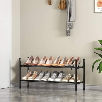 TZAMLI 2-Tier Expandable Metal Shoe Rack for Closet, Stackable Shoe Organizer Adjustable Metal Shoe Storage Small Shoe Shelf for Entryway Entrance, 17.2"-30" x 9" x 14" Inch Black