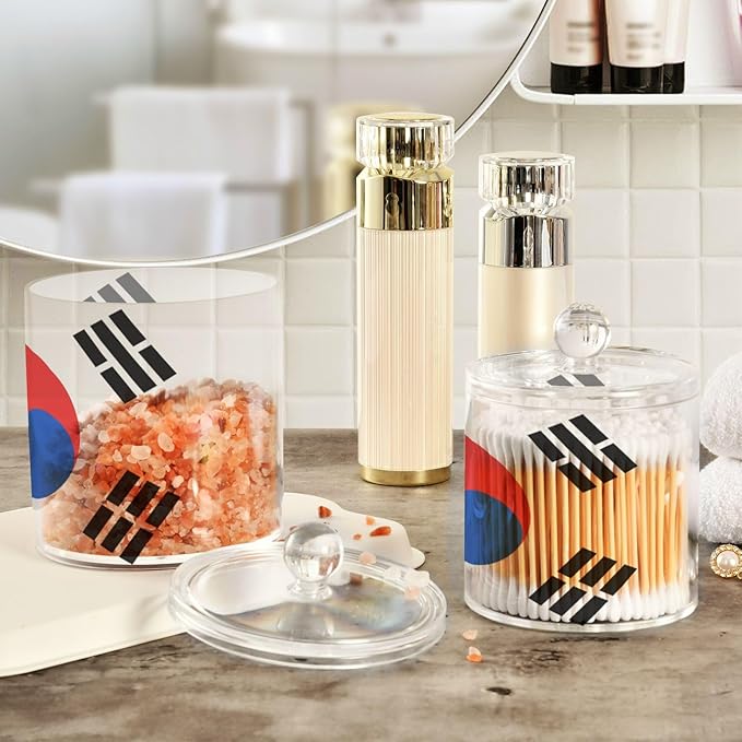 DOMIKING South Korea Flag 2 Pack Bathroom Canisters Cotton Swab Holder Dispenser Plastic Cotton Ball Jar Acrylic Storage Containers for Makeup Sponges Floss Cotton Ball
