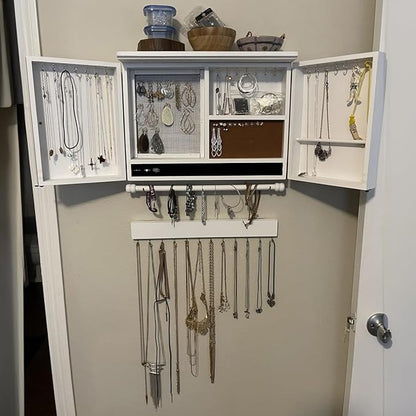 Rustic Wall Mounted Jewelry Organizer,Vintage Wooden Hanging Jewelry Holder Box with Barndoor Decor for Necklaces, Earings, Bracelets, Rings, Accessories. Includes Hook Organizer