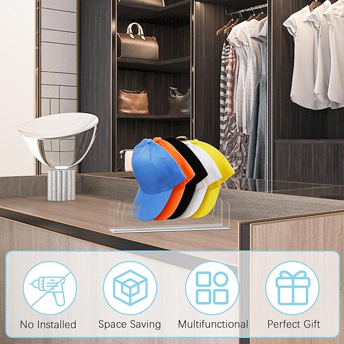 Kssvzz 4 Pack Hat Storage Organizer for Baseball Caps - Acrylic Hat Display Rack for 28 Ball Caps, No Install Hats Stand Shelf for Trucker and Golf Cap, Hats Holder for Closet, Bedroom (Clear)