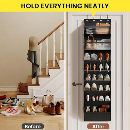 Mefirt 16-20 Pairs Over the Door Shoe Organizer, Clear Pockets Shoe Rack for Closet Door, Hanging Shoe Rack for Boots, Behind the Door Shoe Holder Fit All the Family's Sneakers, Boots, Heels, Black