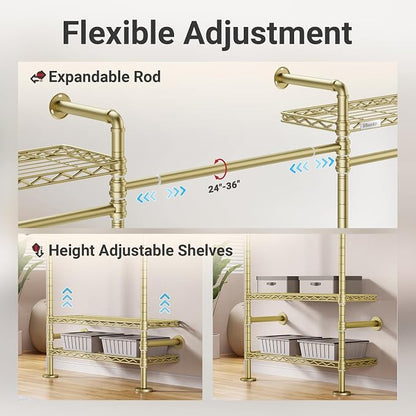 Timate L3 L Shape Gold Heavy Duty Clothes Rack, Industrial Pipe Wall Mounted, Adjustable 6 Shelves, 5 Closet Rods, Space Saving