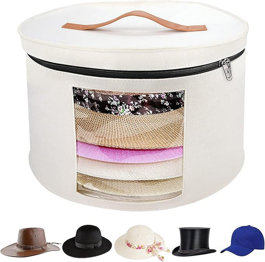 VanlonPro Large Hat Storage Box for Women & Men, 16" D x 10" H Hat Box Organizer，Foldable Round Travel Hat Boxes with Dustproof Lid, Stuffed Toy Storage Bin Bag (Off-white)