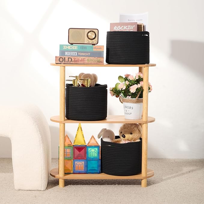 MiniArk Small Basket for Organizing | Cube Shelf Closet Storage Baskets | 9.7×9.7×7.1” | Woven Rope Gift Basket | Nursery | Round 3 Packs Black