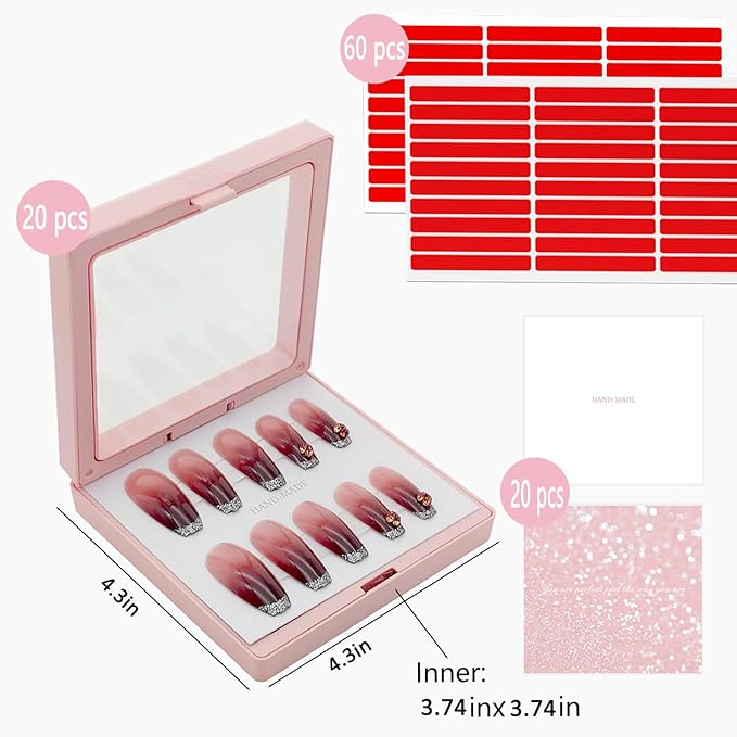 Press On Nail Packaging Boxes 3D Floating Press On Nail Storage Box Nail Display Box with 60pcs Double Sided Adhesive Nail Display Tape for Nail Tech (Pink, 4.3 inch)