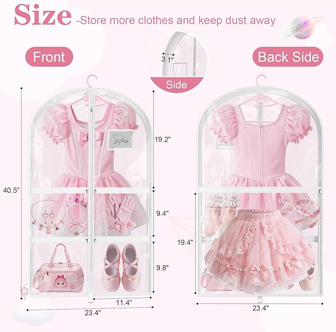 3 Pack Clear Dance Garment Bags for Dancers, 40" Waterproof Dustproof Dance Costume Bags for Hanging Clothes with 5 Large Zipper Pockets for Dance Competition, Suitable for Dress, Uniform