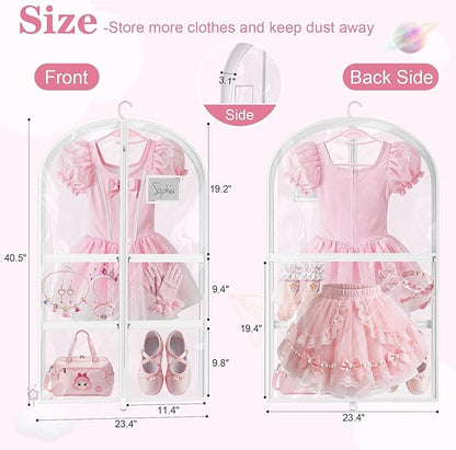 3 Pack Clear Dance Garment Bags for Dancers, 40" Waterproof Dustproof Dance Costume Bags for Hanging Clothes with 5 Large Zipper Pockets for Dance Competition, Suitable for Dress, Uniform