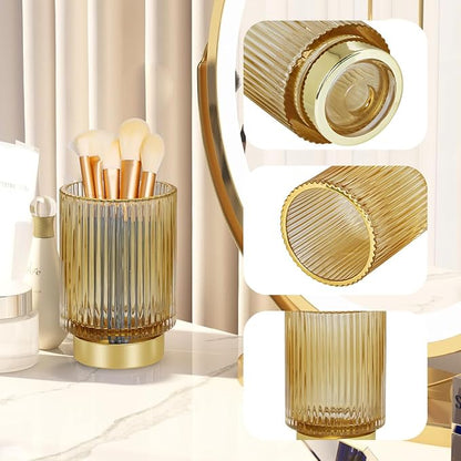 Glass Makeup Brush Holder,Gold Toothbrush Holders,Cute Make Up Brush Cup Holder,Vintage Vanity Makeup Organizer for Bathroom and Desktop (Amber)