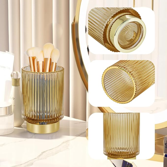 Vintage Makeup Brush Holder Organizer,Dresser Glass Brushes Holder,Vanity Cosmetic Brush Holder,Desktop Crystal Eyeliners Eyebrow Pencil Storage Cup Holder for Countertop (Large Amber)