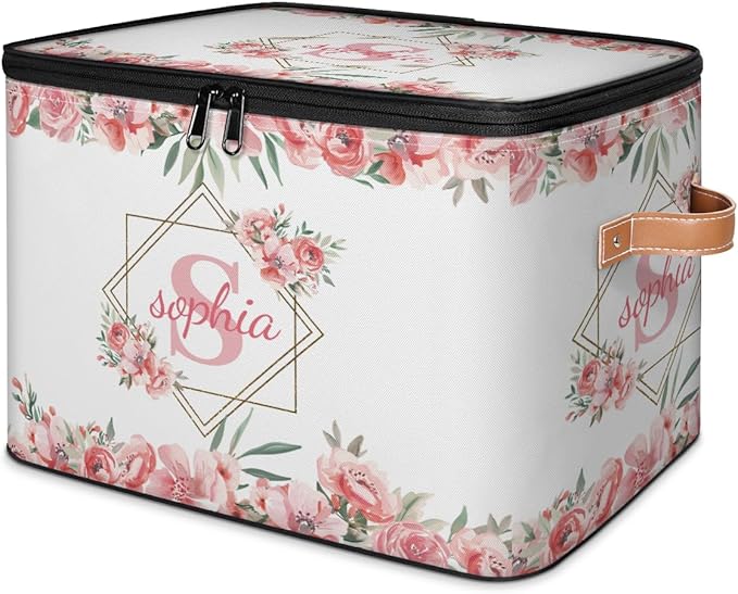 Custom Initials Storage Bins with Lid, Foldable Personalized Storage Basket Boxes with Handle Pink Flower Shelf Basket Closet Organizer Cube