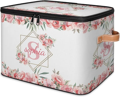 Custom Initials Storage Bins with Lid, Foldable Personalized Storage Basket Boxes with Handle Pink Flower Shelf Basket Closet Organizer Cube