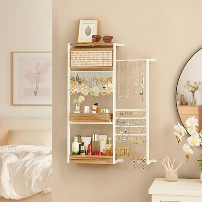 Pinzoveco Hanging Jewelry Organizer Wall Mounted, Large Hanging Jewelry Organizer Holder for Necklaces,Bracelest,Earrings,Rings,Watched,Makeup & Perfume (White)