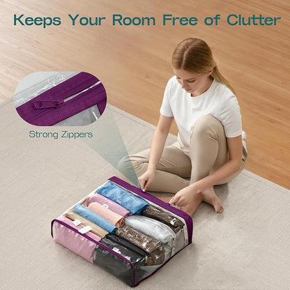 5PACK Clear Zippered Storage Bags for Clothes, 22L Closet Organizers Bag, and Blanket Storage Bags for Bedding, Linen, Blankets, Comforters, Clothing & Toys (Purple)