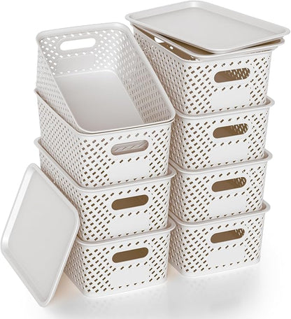 Plastic Storage Bins with Lid, Stackable Small Box Basket for Organizing and Containers for Shelves Drawers Desktop Closet Playroom Pantry Classroom Office Home, 8-pack 10.2x7.2x4.1 Inch, White
