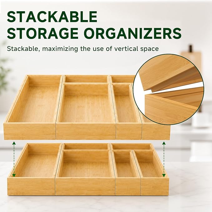 Bamboo Kitchen Drawer Organizer for Utensils, Set of 6 Stackable Silverware Tray for Drawer, Multi-Use Storage Bamboo Trays for Utensil Holde, Office, Makeup, Jewelry, Bathroom