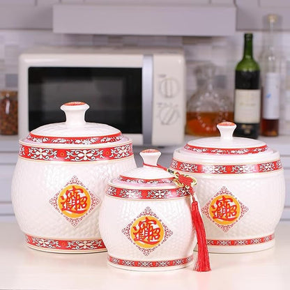 Chinese Ceramic Rice Bucket, Ceramic Rice Cylinder Ceramic Jar with Lid Grain Dispenser, Large Grain Dispenser, Food Storage Container with Lid, Sealed Rice Storage Jar for Noodles Rice Snacks