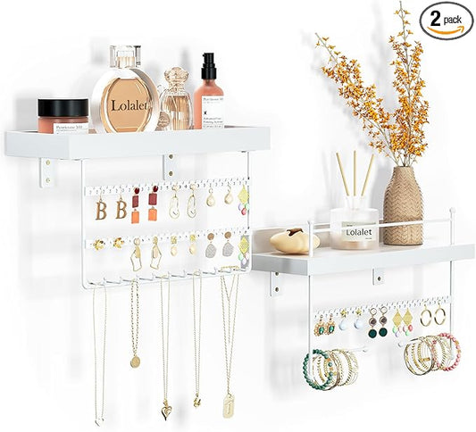 Lolalet Hanging Jewelry Organizer Wall Mount with Earrings, Bracelets, Necklaces Hooks - Easy Install Free Combination Jewelry Holder for Wall Bathroom - Set of 2, White
