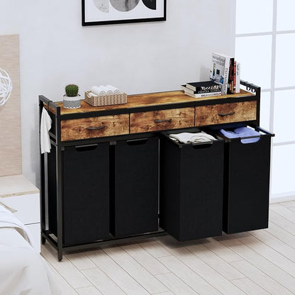 Timberer Laundry Hamper, Laundry Sorter 4 Sections, Rolling Laundry Basket with Wheels, 3 Drawers, 4 × 14.5 Gal (55 L), Pull-Out and Removable Oxford Fabric Bags, Black and Rustic Brown