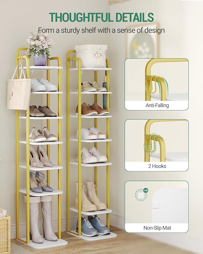Hzuaneri 8 Tiers Vertical Shoe Rack, Narrow Shoe Tower, Tall Shoes Shelf with 2 Hooks, Adjustable Shelves, Corner Shoes Shelves for Small Spaces, Entryway, Living Room, White Gold SR04313A