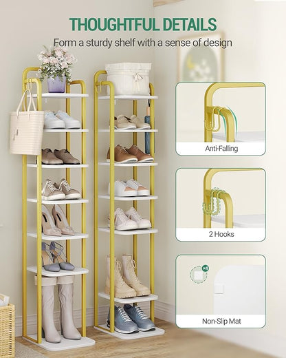 Hzuaneri 8 Tiers Vertical Shoe Rack, Narrow Shoe Tower, Tall Shoes Shelf with 2 Hooks, Adjustable Shelves, Corner Shoes Shelves for Small Spaces, Entryway, Living Room, White Gold SR04313A