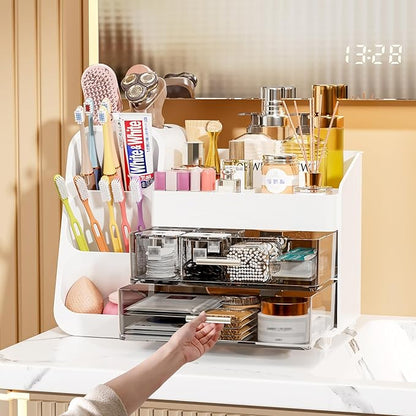 Makeup Organizer with Drawers for Vanity Bathroom Counter Organizers and Storage, Large Skincare Organizer with Brush Toothbrush Holder for Perfume, Nail Polish, Dresser, Office Supplies, White