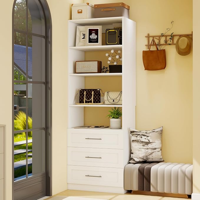 Closet System with 12 Drawers & 16 Shelves, Wood Closet Organizer System with 4 Extra Hanging Rod for Walk in Closet, Modular Closet Organizer System White(8FT)