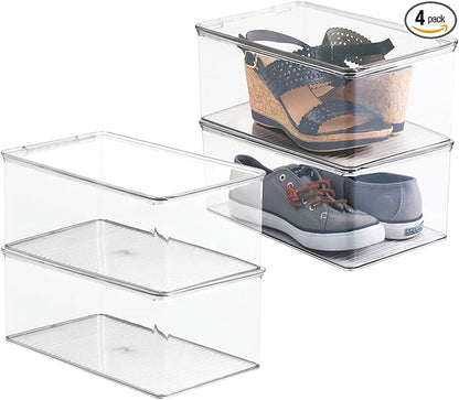 mDesign Stackable Plastic Closet Storage Container Bin Box with Hinge Lid for Organizing Shoes, Booties, Pumps, Sandals, Wedges, Flats, Heels - Lumiere Collection - 4 Pack - Clear