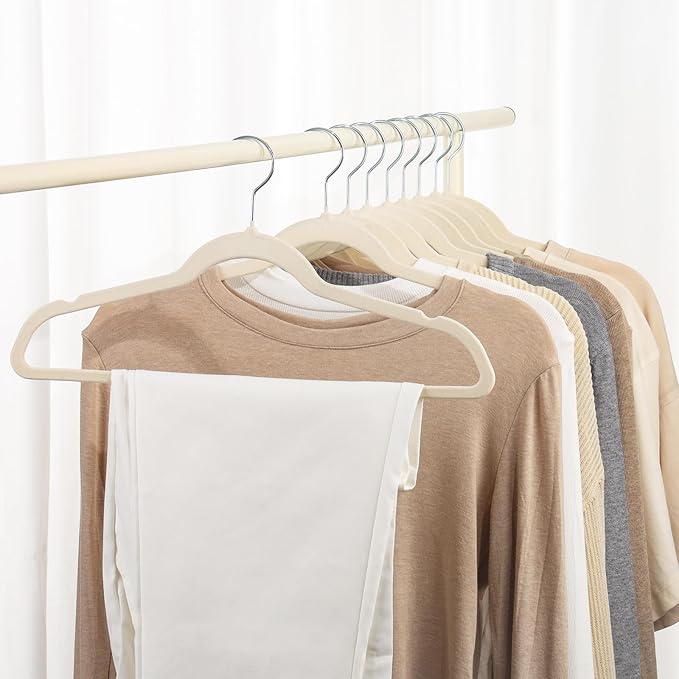Premium Velvet Hangers 50 Pack, Non-Slip Suit Clothes Hangers, 360 Degree Swivel Hooks and Slim Profile to Maximize Closet Space Beige/Silver