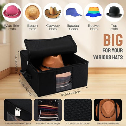 Wonderjune 2 Pcs Hat Storage Box Upgrade Stackable Organizer with Lids Cowboy Hat Box Large Square Bag Foldable Closet Sheet Organizer Travel Container for Men Women(Black)