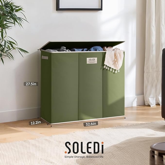 SOLEDI 180L 3-Section Laundry Hamper with Lid, Extra Large Dirty Clothes Basket with Sturdy Handles for Laundry Room & Bedroom - Durable Organizer for Sorting Laundry