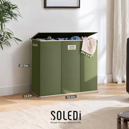 SOLEDI 180L 3-Section Laundry Hamper with Lid, Extra Large Dirty Clothes Basket with Sturdy Handles for Laundry Room & Bedroom - Durable Organizer for Sorting Laundry