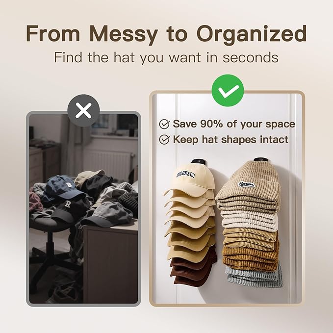 Hat Organizer for Wall, 2 Pack Adhesive Hat Rack for Baseball Caps, No Drilling or Wall Mount Cap Holder with Hooks, Over the Door Hat Storage Organizer for 20 Caps, Closet Storage White
