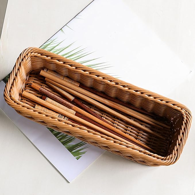 Chopsticks Fork Storage Tray Woven Cutlery Basket, Handwoven Imitation Rattan Silverware Tray for Countertops Cabinets Spoons, 26cmx12cmx6cm